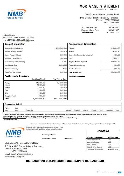 Download Tanzania NMB Bank mortgage statement in Word and PDF formats Photoshop template